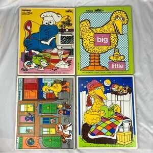 4 VTG 70s 80s Playskool Sesame Street Wooden Puzzles Big Bird Cookie Bert Ernie